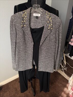St. John Black & White Tweed Jacket with Yellow Bead Embellishment
